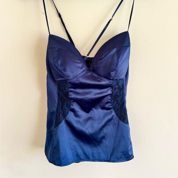Vintage Satin Navy Blue Sweetheart Neckline Lace Women's Top Medium - Picture 3 of 3